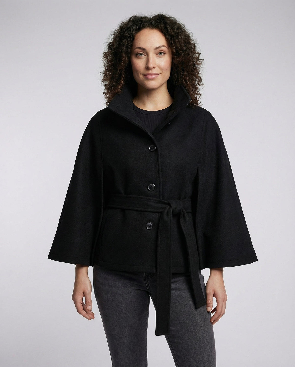 Women's Belt-Detail Wool-Blend Cape Jacket – Black