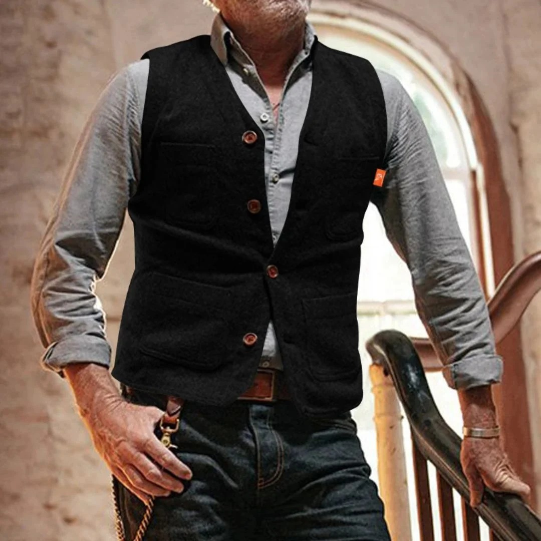 Men's Traditional No-Sleeve Button-Front Waistcoat – Black