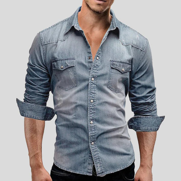 Men's Narrow-Cut Fit Denim-Wash Shirt – Light Blue