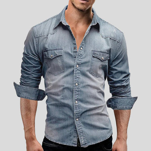 Men's Narrow-Cut Fit Denim-Wash Shirt – Light Blue