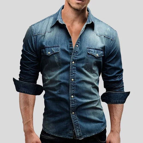 Men's Narrow-Cut Fit Denim-Wash Shirt – Dark Blue