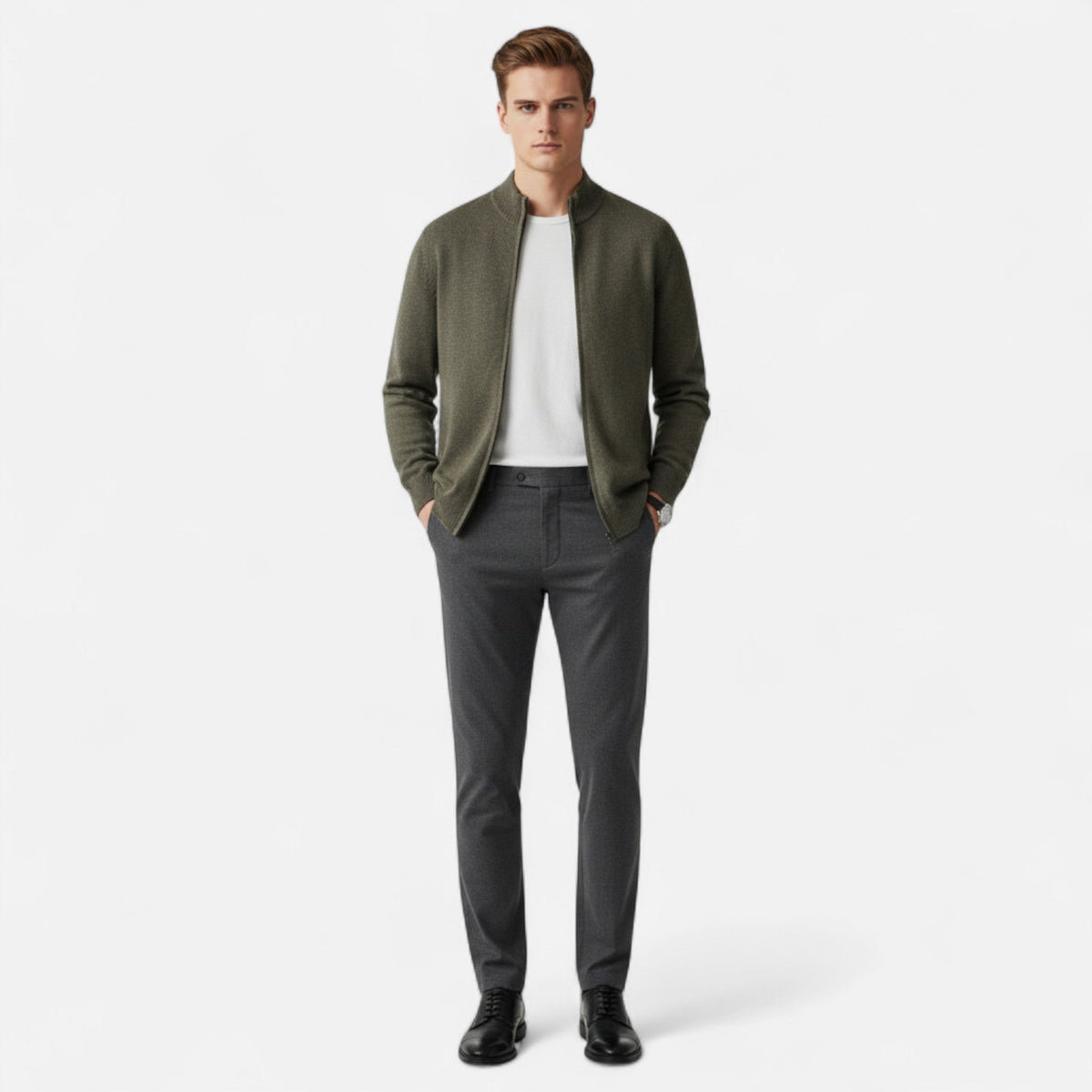 Men's Merino Wool Full-Zip Stand Collar Knit Cardigan – view 2