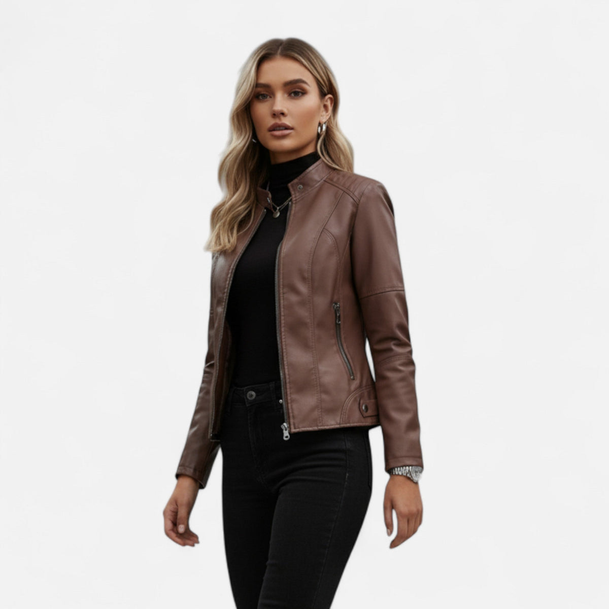 Women's Crop-Length Full-Zip Leather Jacket – view 3