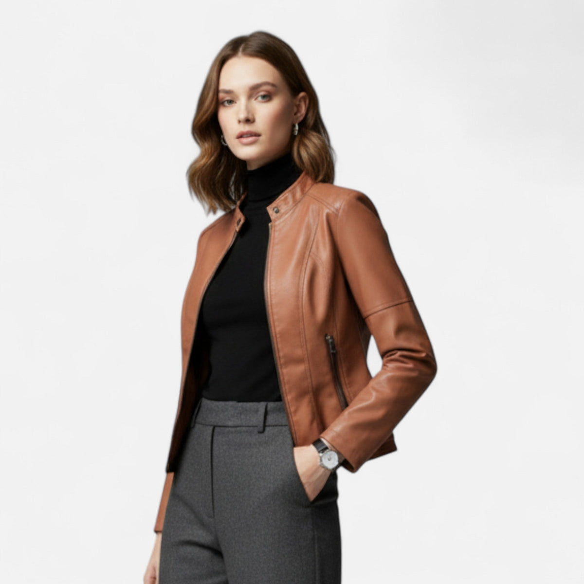Women's Crop-Length Full-Zip Leather Jacket – view 1