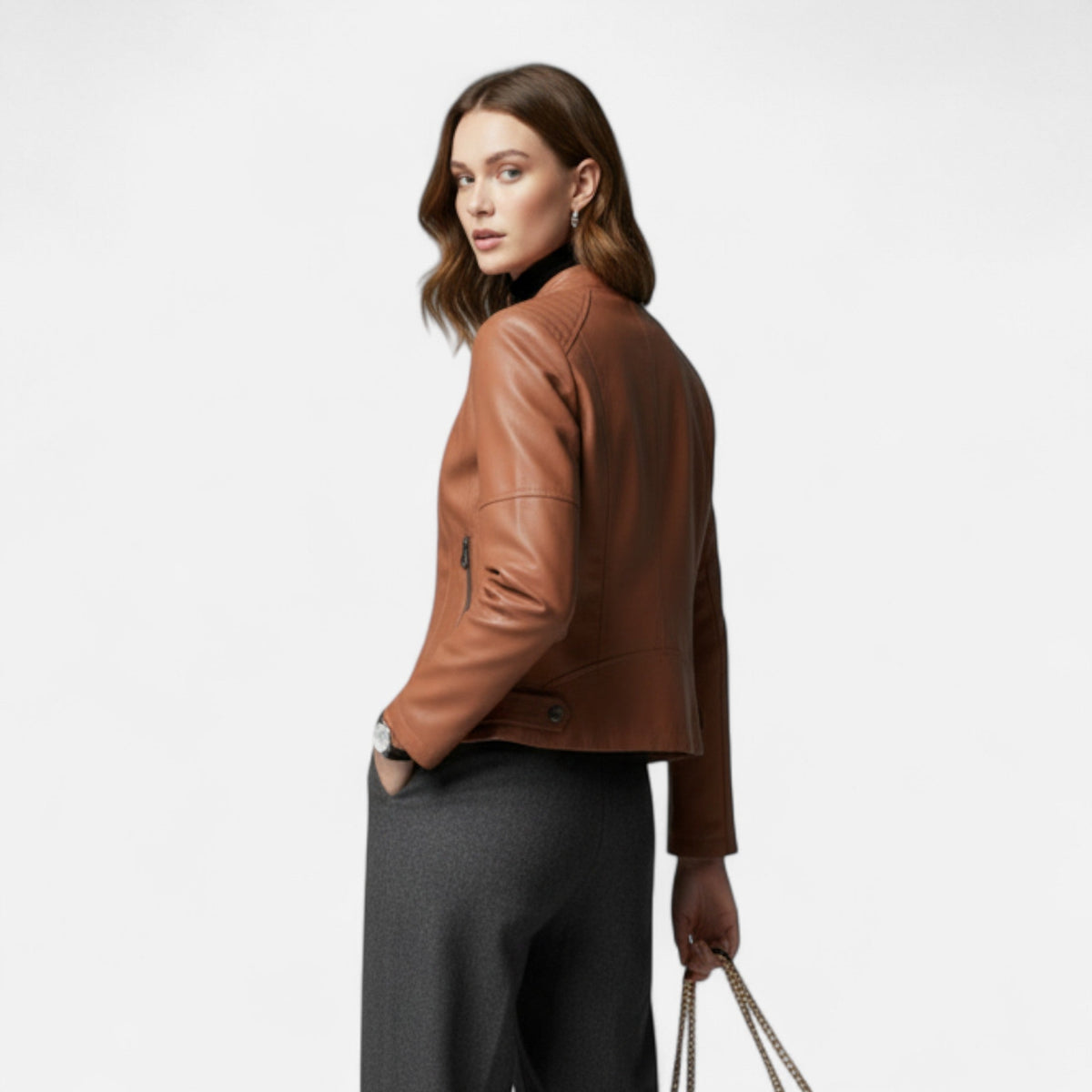 Women's Crop-Length Full-Zip Leather Jacket – view 2