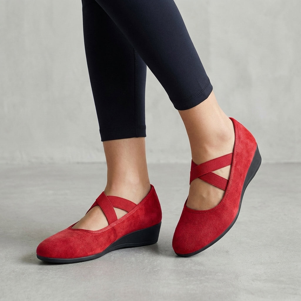Women's Support Criss-Cross Strap Wedge-Heel Flats – Red