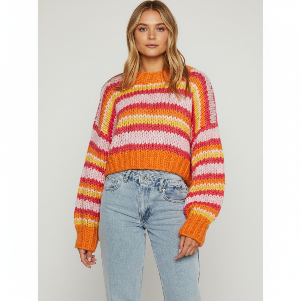Women's Stripe-Detail Chunky-Knit Pullover – Orange
