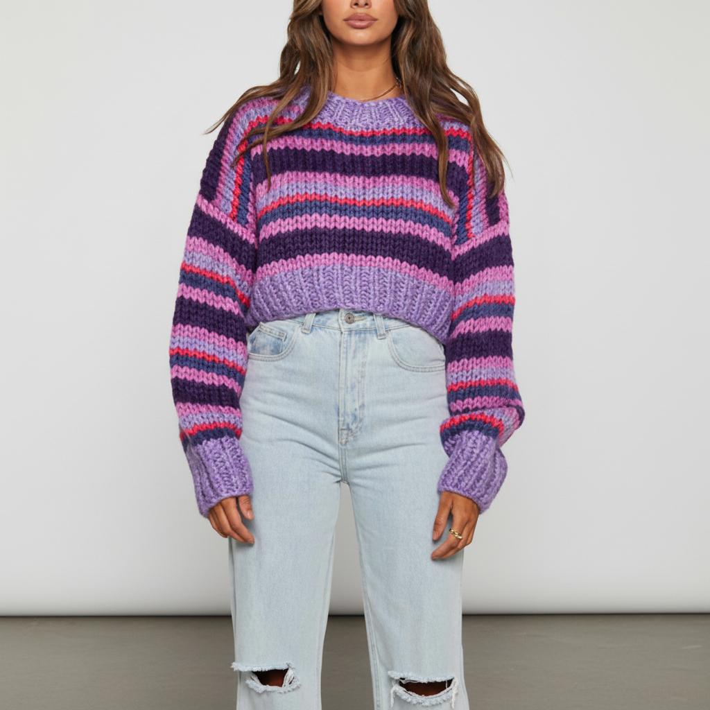 Women's Stripe-Detail Chunky-Knit Pullover – Purple