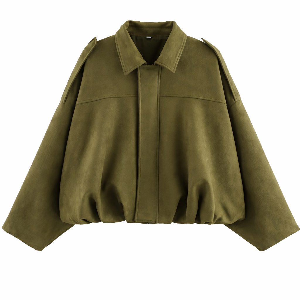 Women's Loose-Fit Shirt-Collar Bomber Jacket – Olive Green