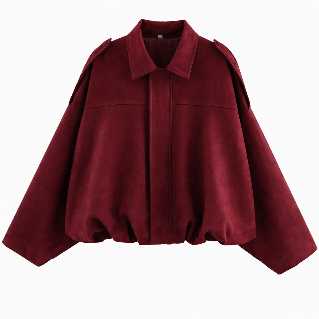 Women's Loose-Fit Shirt-Collar Bomber Jacket – Wine Red