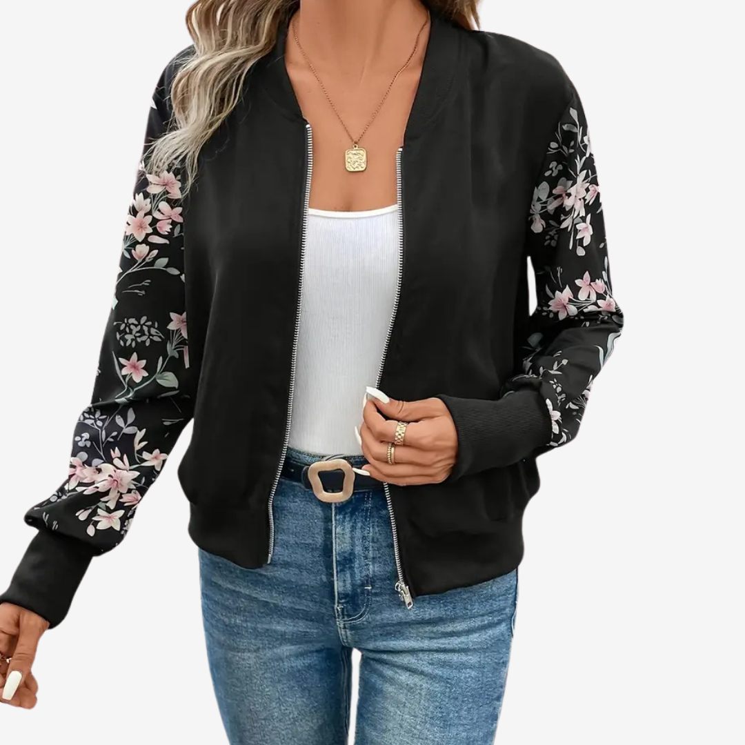 Women's Printed-Sleeve Bomber Jacket for Fall – Black