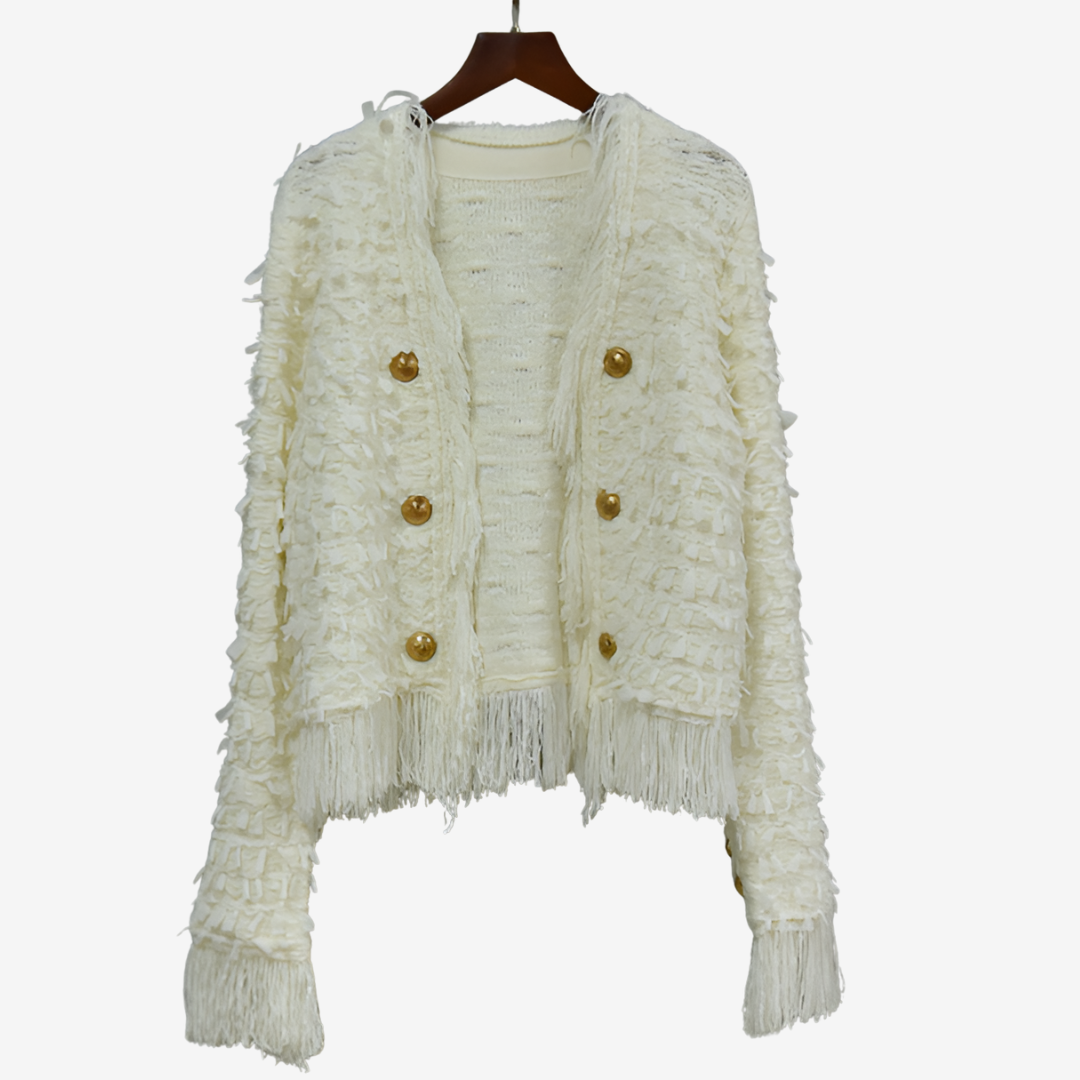 Women's Fringed Tweed-Effect Button Jacket for Fall – Cream