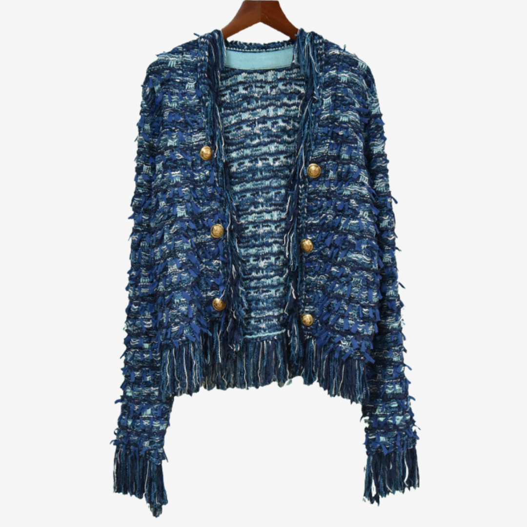 Women's Fringed Tweed-Effect Button Jacket for Fall – Dark Blue