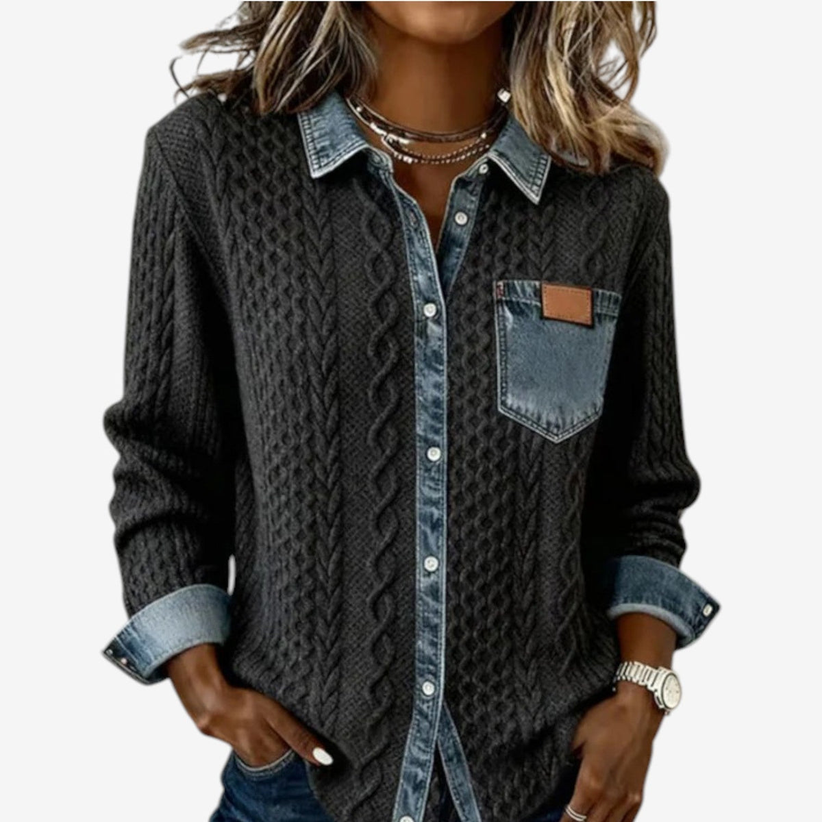 Women's Cable-Stitch Denim-Wash Trim Button Shacket – Dark Gray