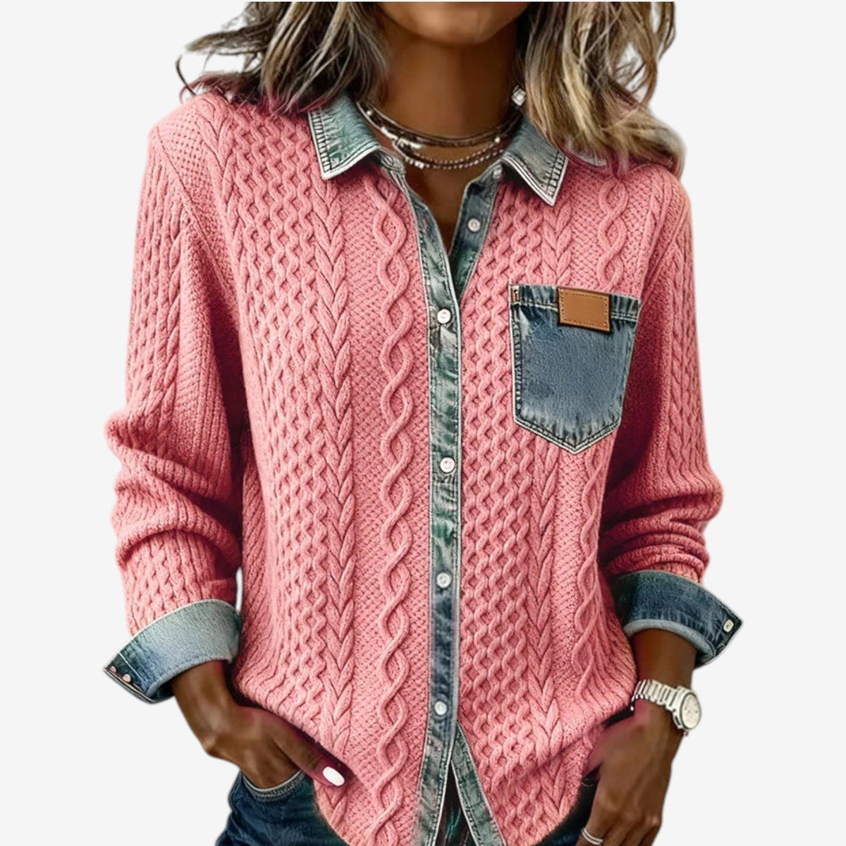 Women's Cable-Stitch Denim-Wash Trim Button Shacket – Pink