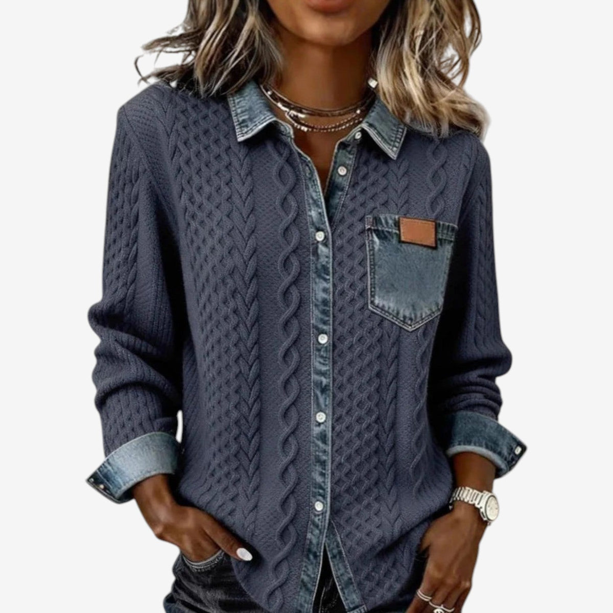 Women's Cable-Stitch Denim-Wash Trim Button Shacket – Dark Blue