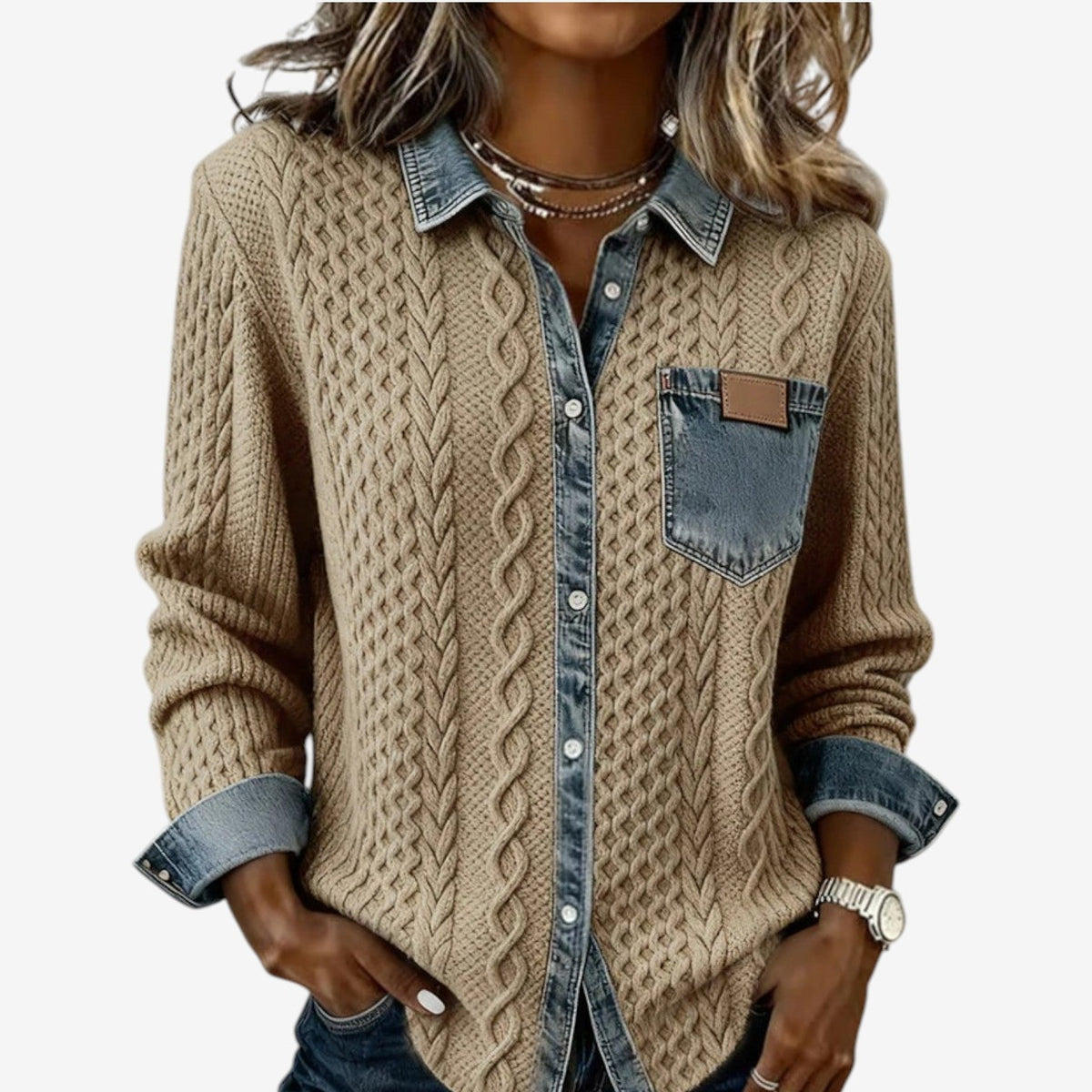 Women's Cable-Stitch Denim-Wash Trim Button Shacket – Khaki