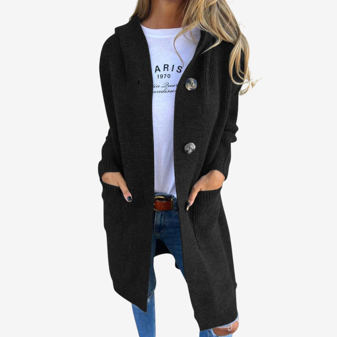 Women's Longline Hood-Detail Knit Cardigan with Patch Pockets – Black