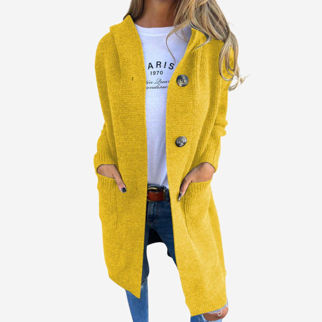 Women's Longline Hood-Detail Knit Cardigan with Patch Pockets – Yellow
