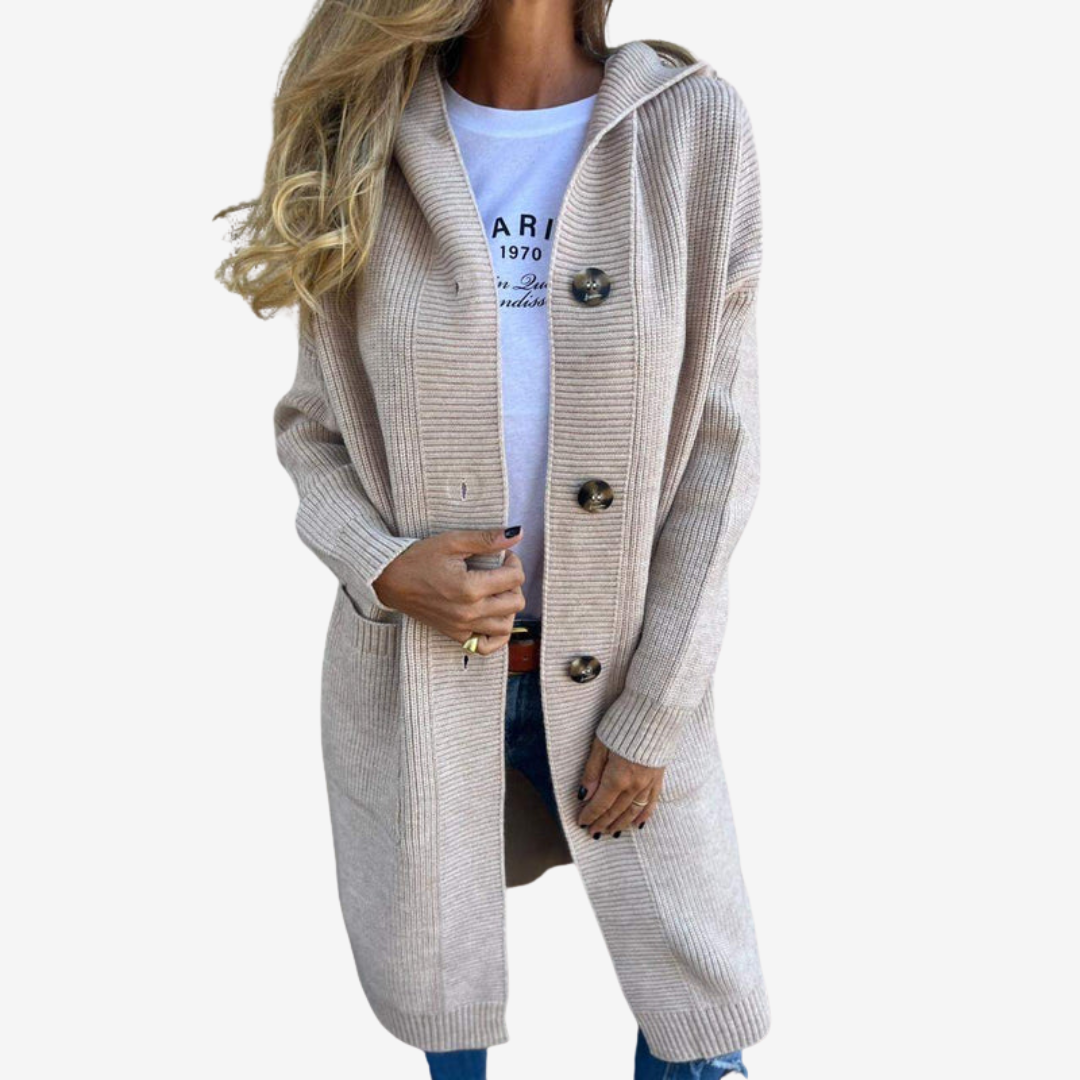 Women's Longline Hood-Detail Knit Cardigan with Patch Pockets – Beige