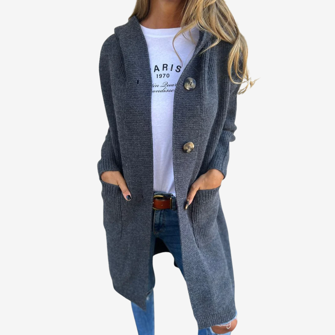 Women's Longline Hood-Detail Knit Cardigan with Patch Pockets – Dark Gray