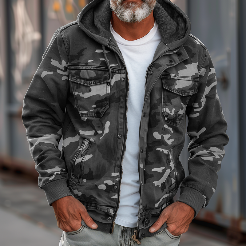 Men's Easy-Fit Cargo Jacket with Detachable Hood – Dark Gray