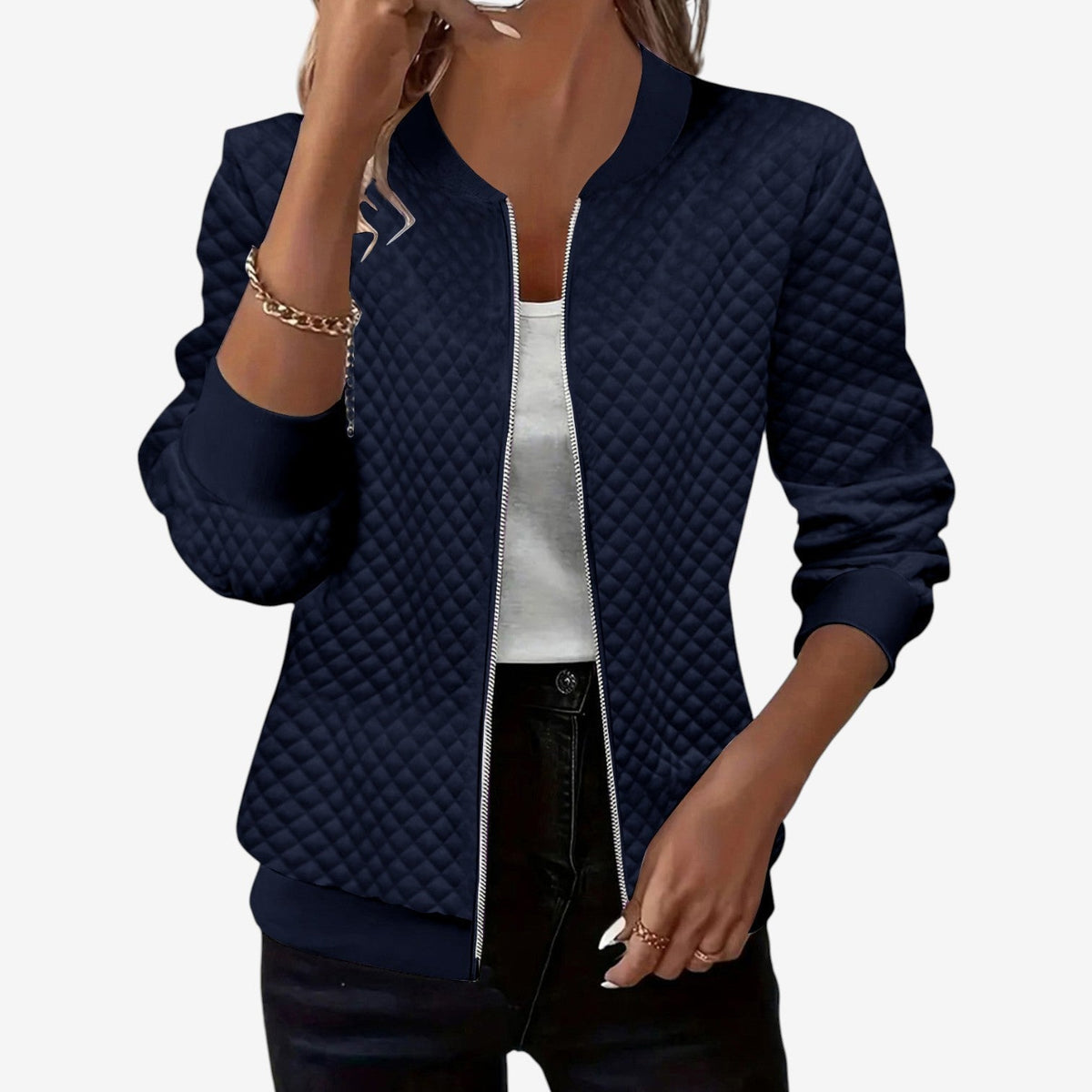 Women's Padded Stand-Collar Bomber Jacket – Dark Blue