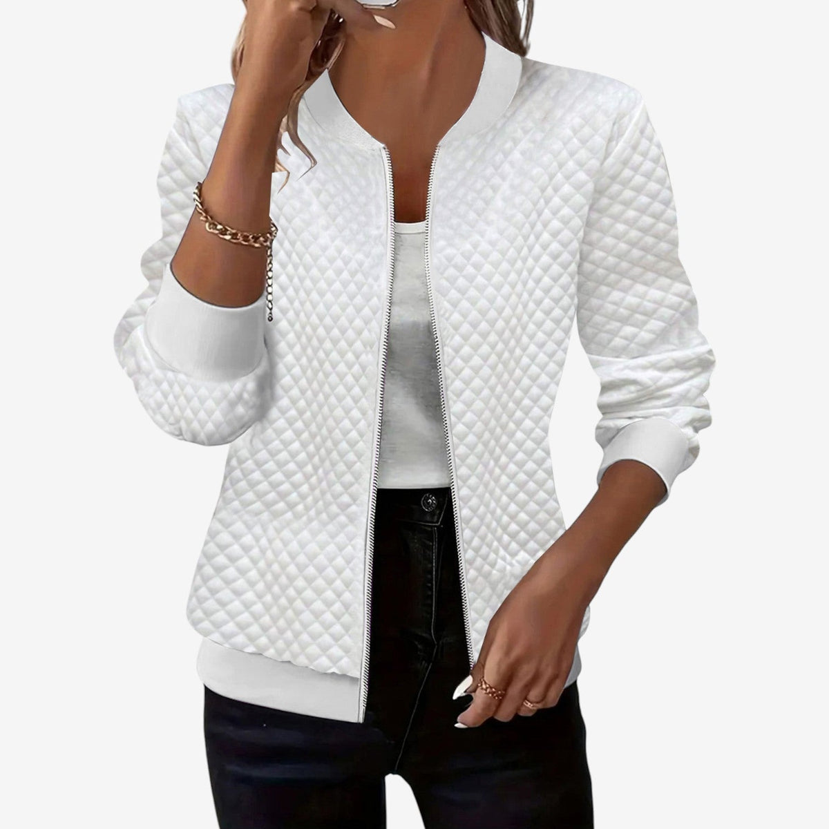 Women's Padded Stand-Collar Bomber Jacket – White