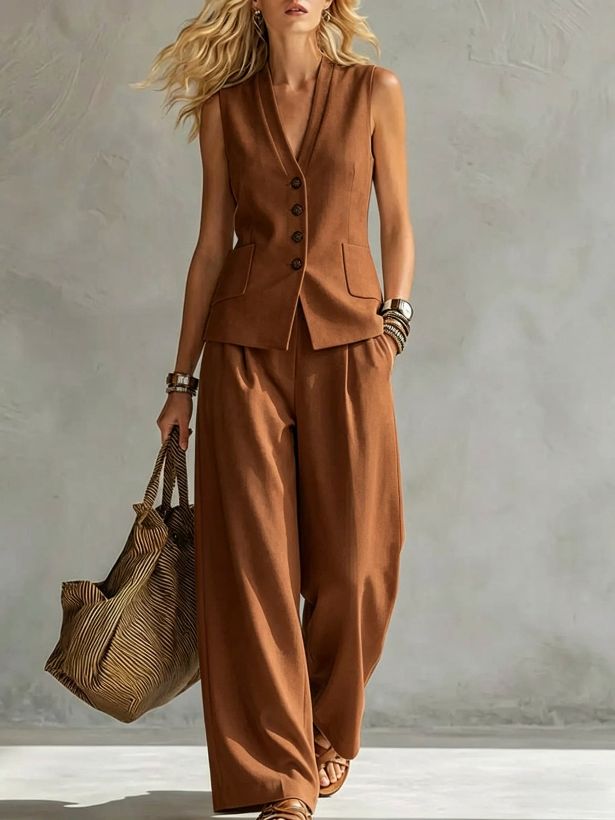 Women's Linen-Look Vest and Trousers Set for Fall – Brown
