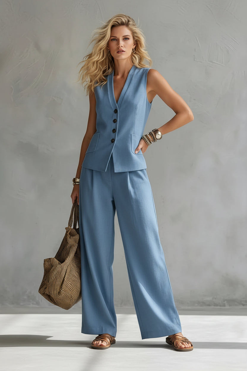 Women's Linen-Look Vest and Trousers Set for Fall – Light Blue