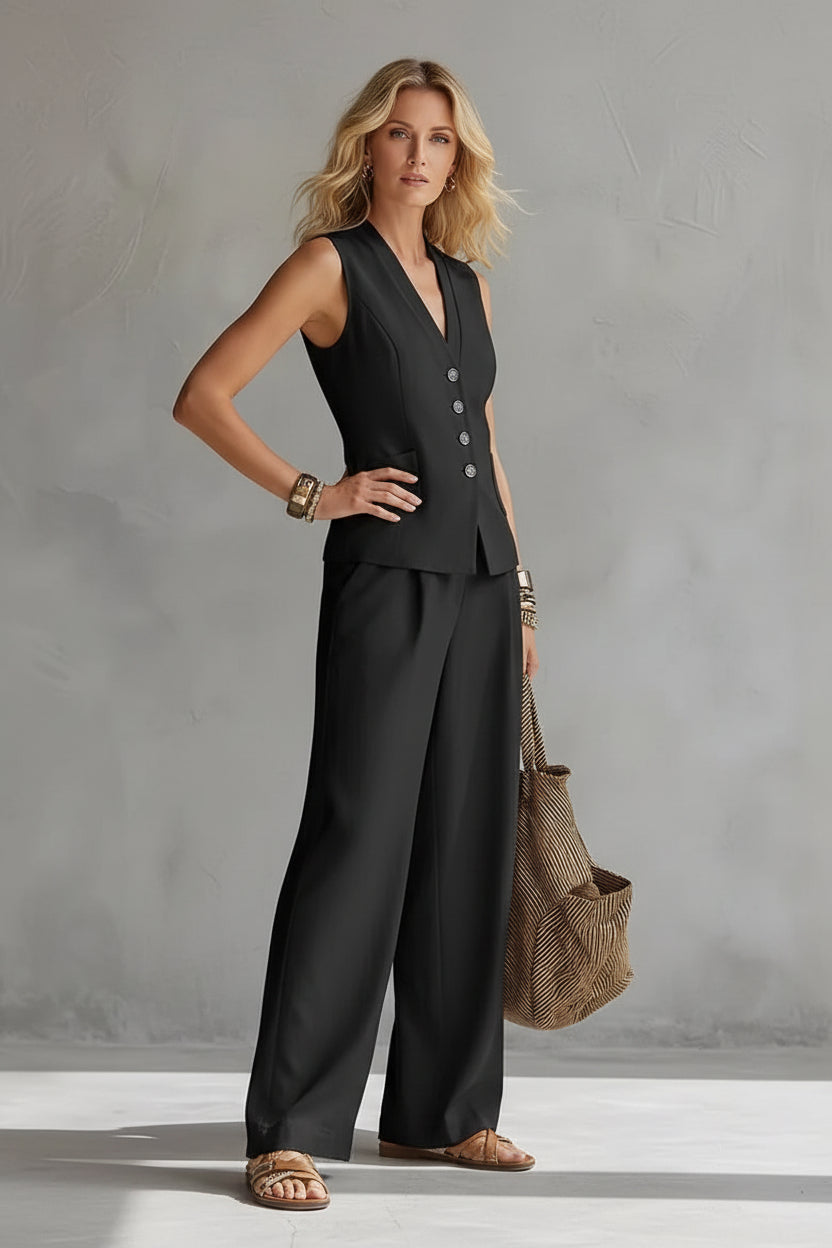 Women's Linen-Look Vest and Trousers Set for Fall – Black