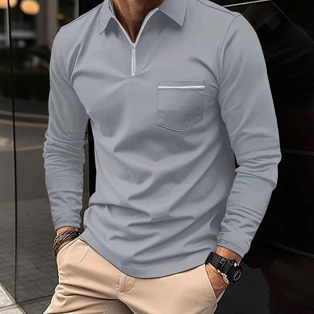 Men's Long-Sleeve Cotton Blend Polo Shirt for Outdoor Wear – Gray