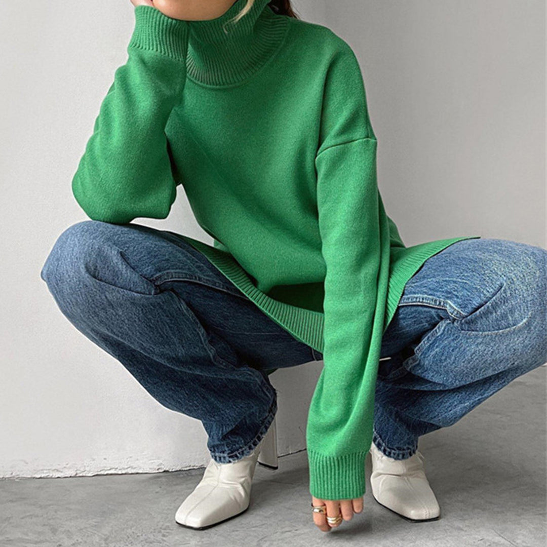 Women's Easy-Fit Roll-Neck Knit Pullover with Side Splits – Light Green