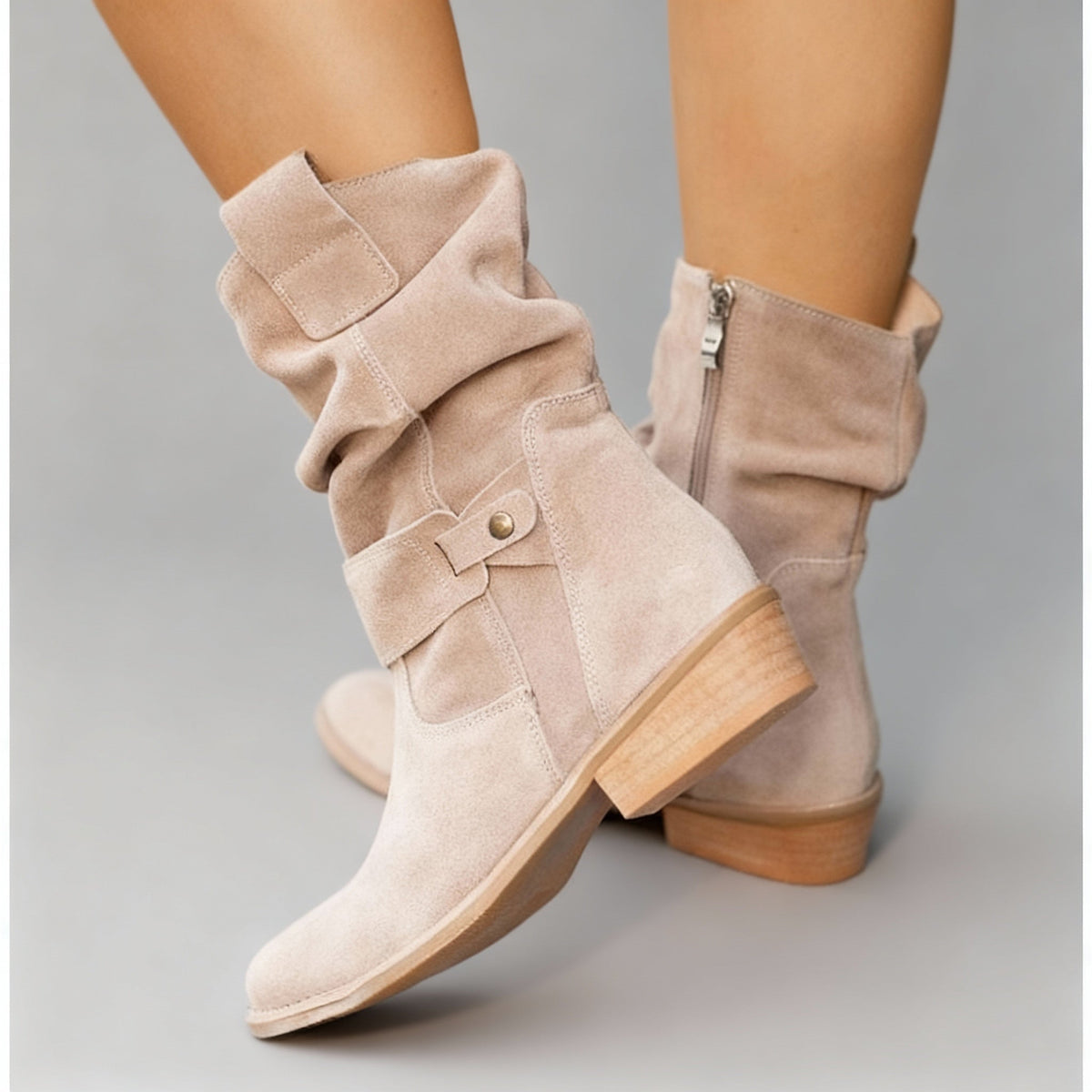 Women's Side-Zip Slouch-Fold Mid-Calf Boots for Evening Wear – Suede Beige