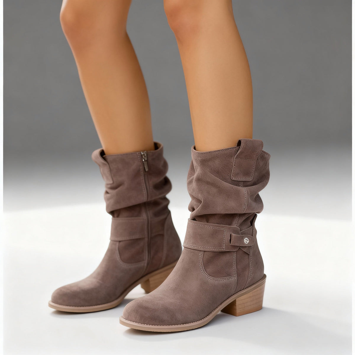 Women's Side-Zip Slouch-Fold Mid-Calf Boots for Evening Wear – Alabaster Beige