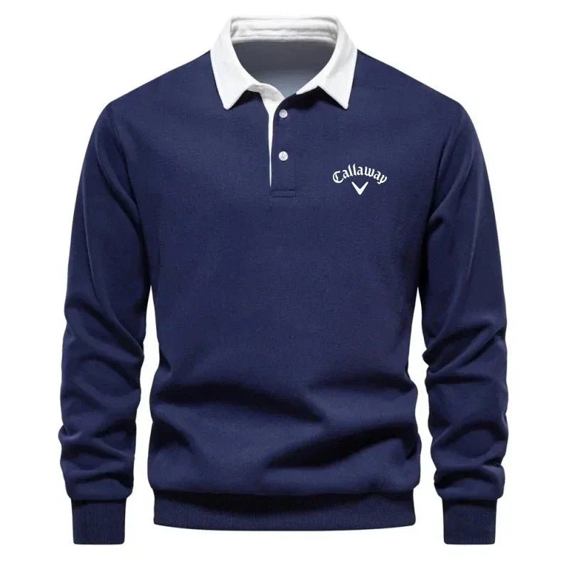 Men's Cotton Blend Contrast Collar Polo Pullover with Knit – Navy Blue