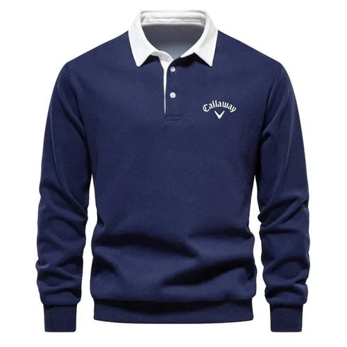 Men's Cotton Blend Contrast Collar Polo Pullover with Knit – Navy Blue