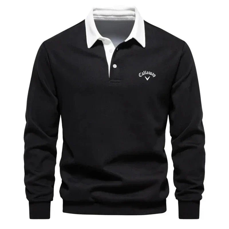 Men's Cotton Blend Contrast Collar Polo Pullover with Knit – Black