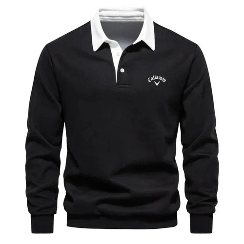 Men's Cotton Blend Contrast Collar Polo Pullover with Knit – Black