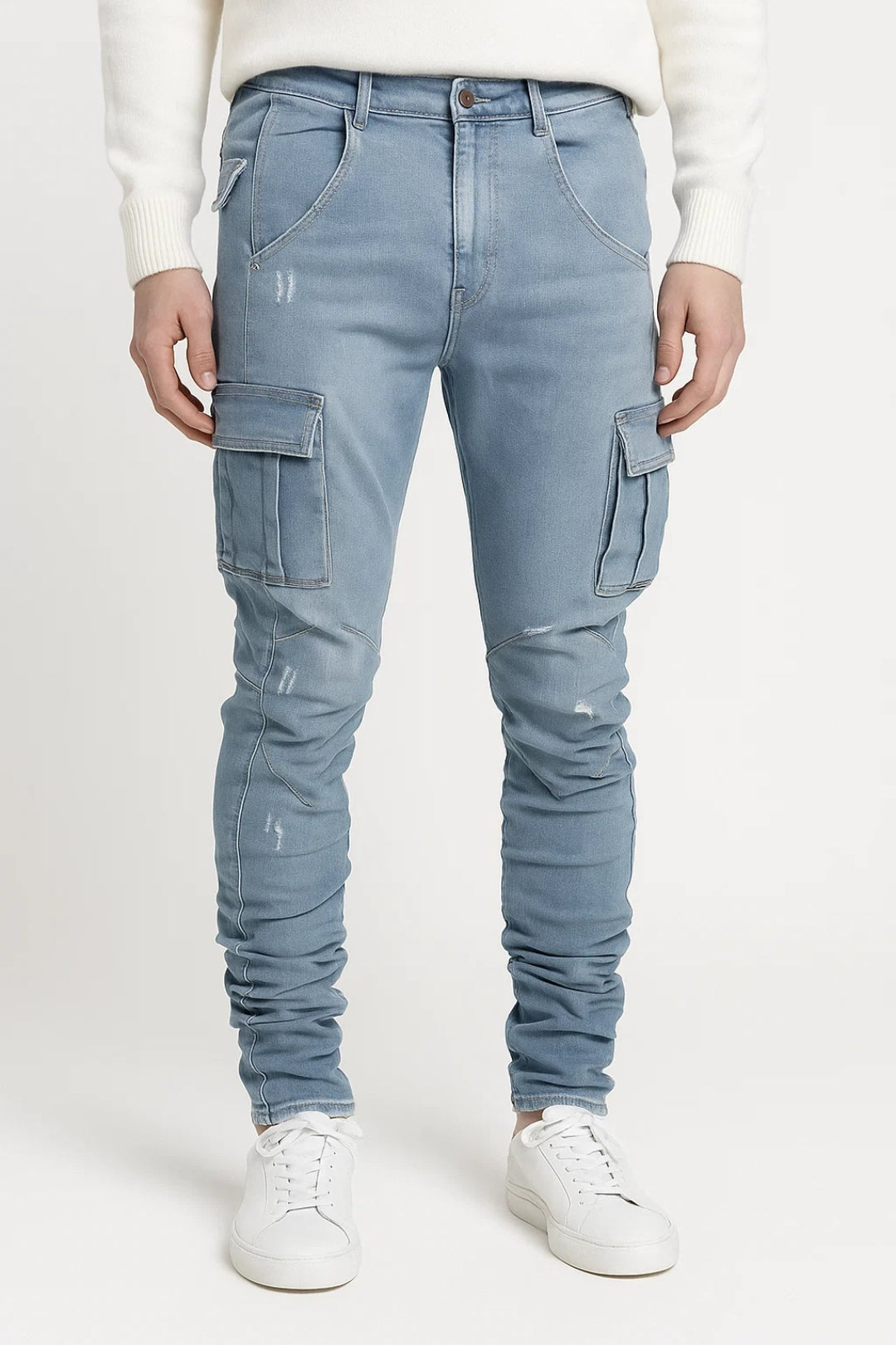 Men's Slim-Tapered Cargo Pocketed Jeans – Light Blue