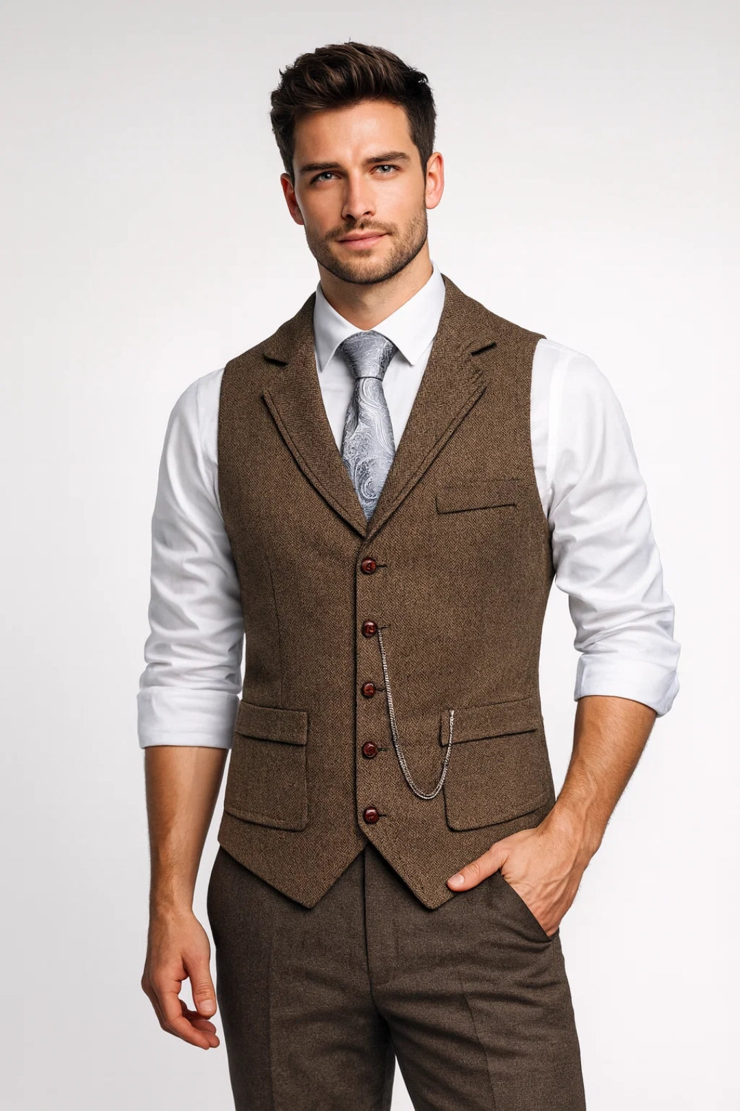 Men's Fitted Notch Lapel Vest – Brown