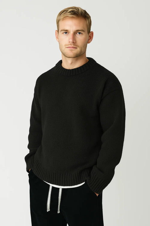 Men's Loose-Fit Chunky-Knit Crewneck Pullover – Black