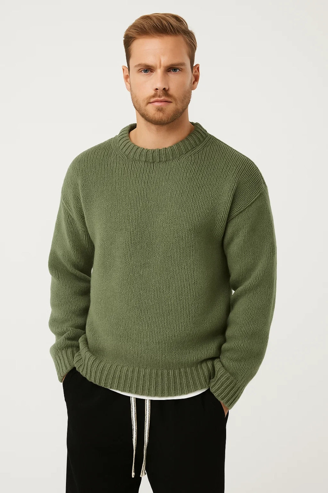 Men's Loose-Fit Chunky-Knit Crewneck Pullover – Green