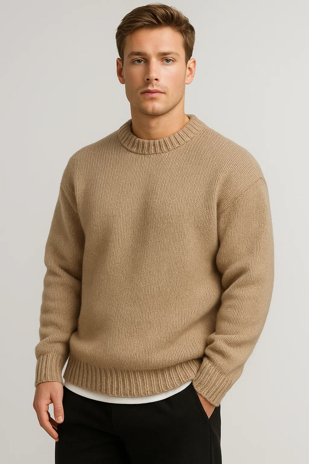 Men's Loose-Fit Chunky-Knit Crewneck Pullover – Beige