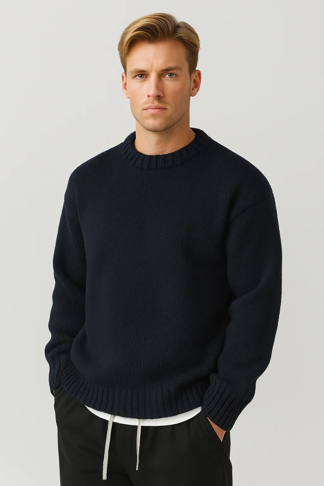 Men's Loose-Fit Chunky-Knit Crewneck Pullover – Navy