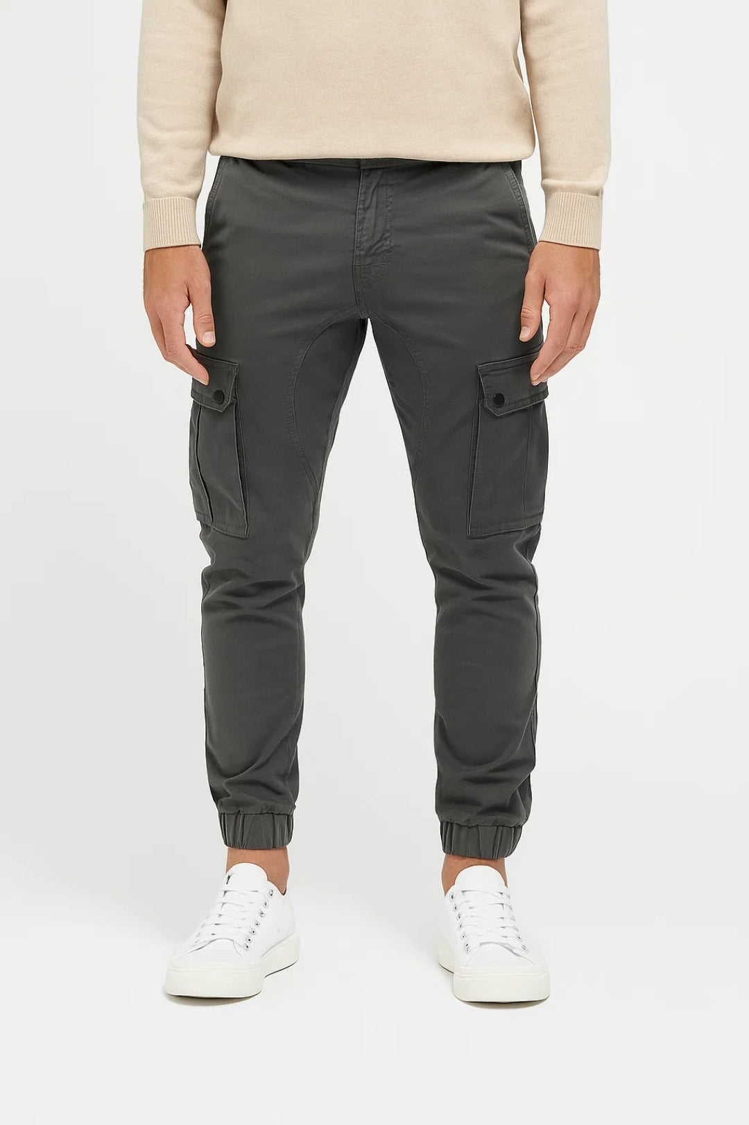 Men's Slim-Cut Fit Cargo Trousers with Elastic Cuffs – Dark Gray