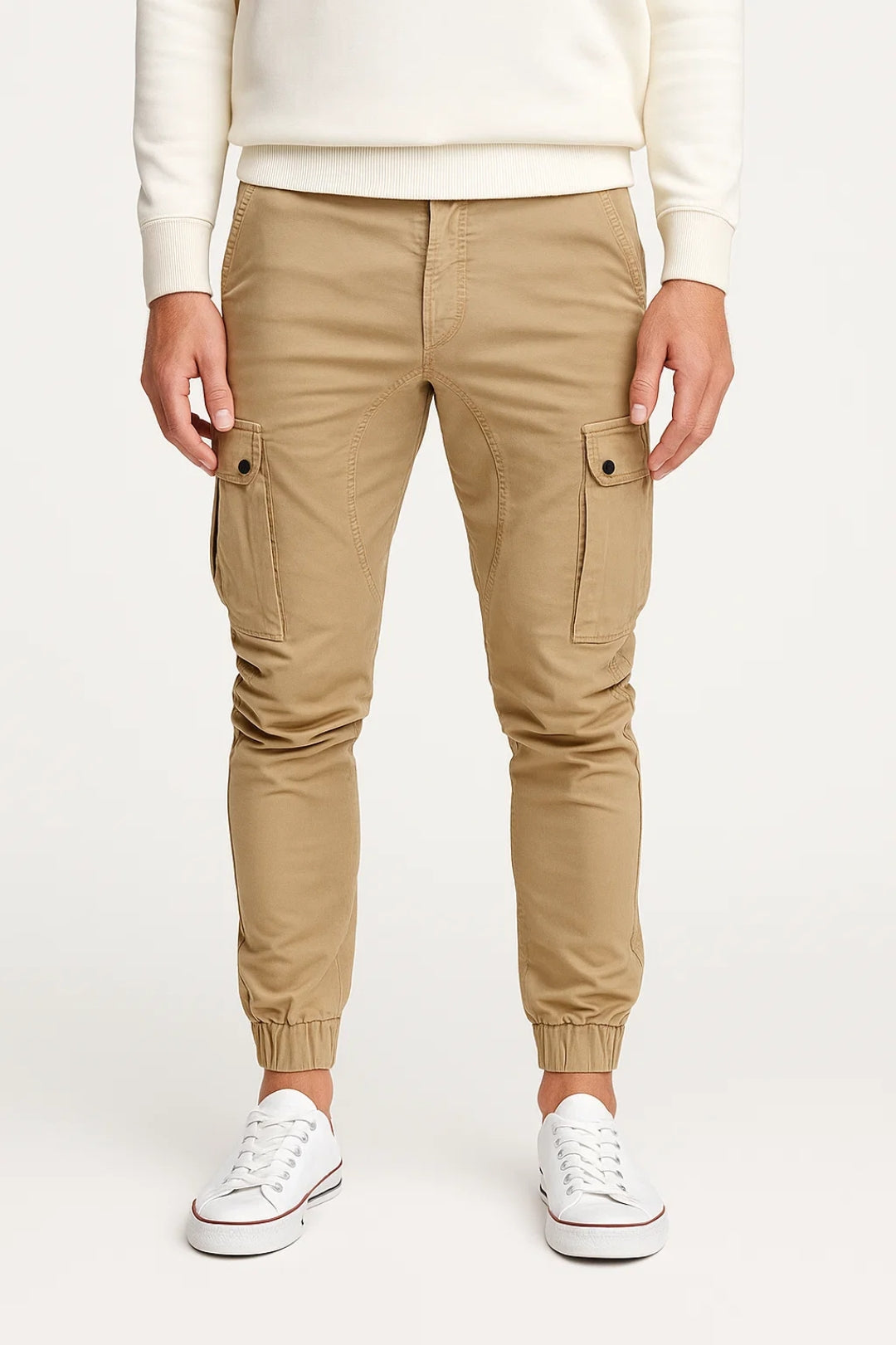Men's Slim-Cut Fit Cargo Trousers with Elastic Cuffs – Beige