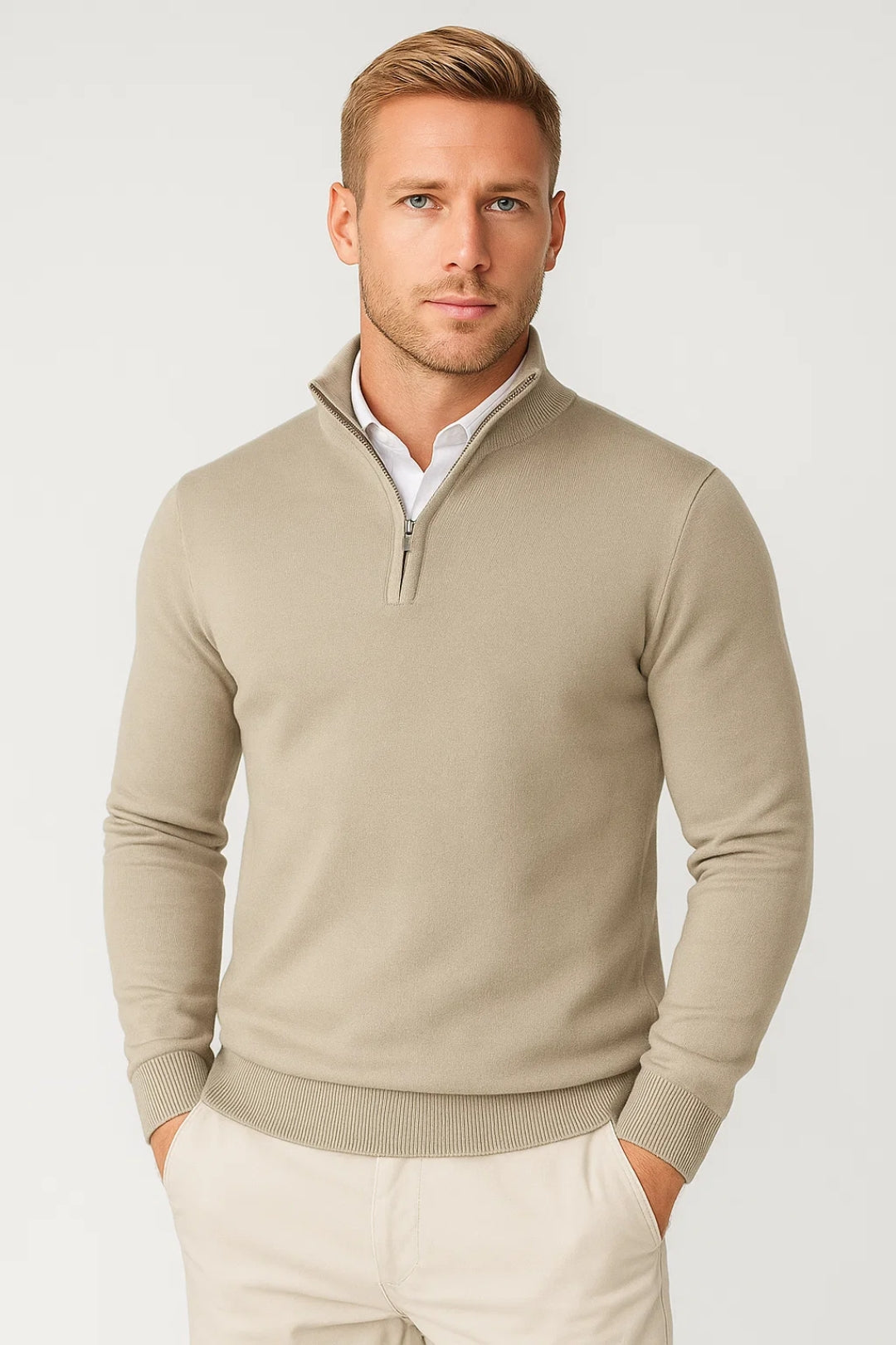 Men's Half-Zip Stand Collar Knit Sweater – Beige