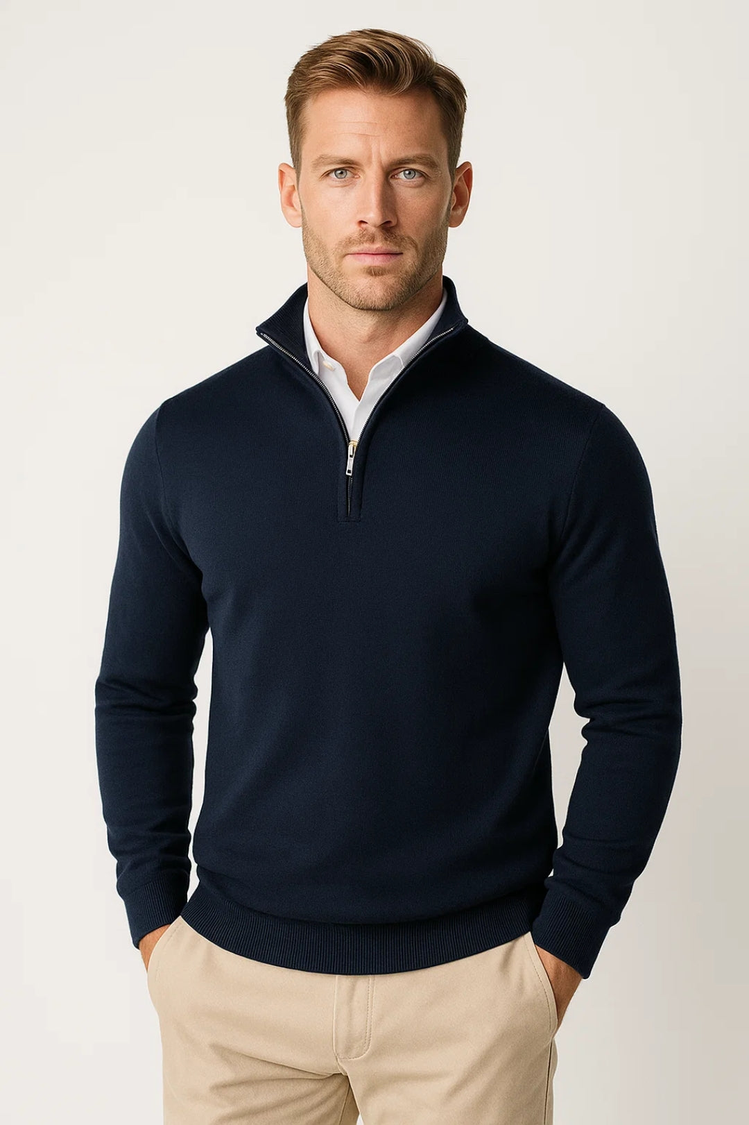 Men's Half-Zip Stand Collar Knit Sweater – Dark Navy