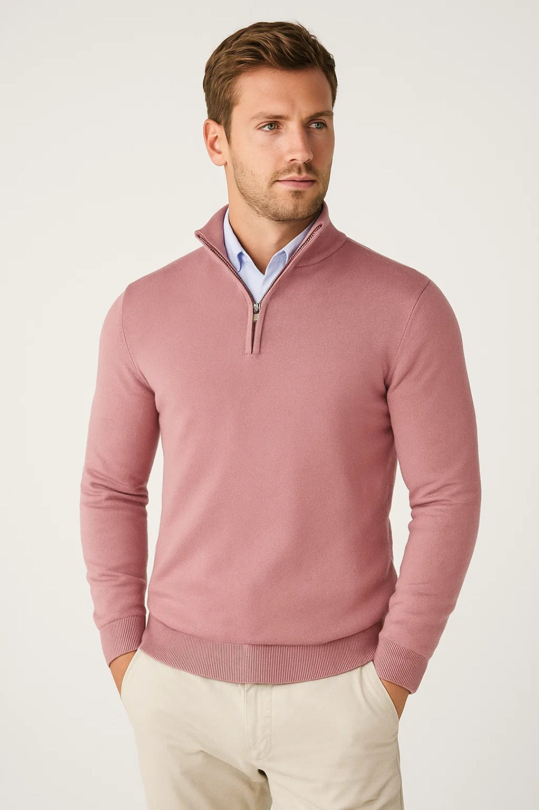 Men's Half-Zip Stand Collar Knit Sweater – Aurora Pink